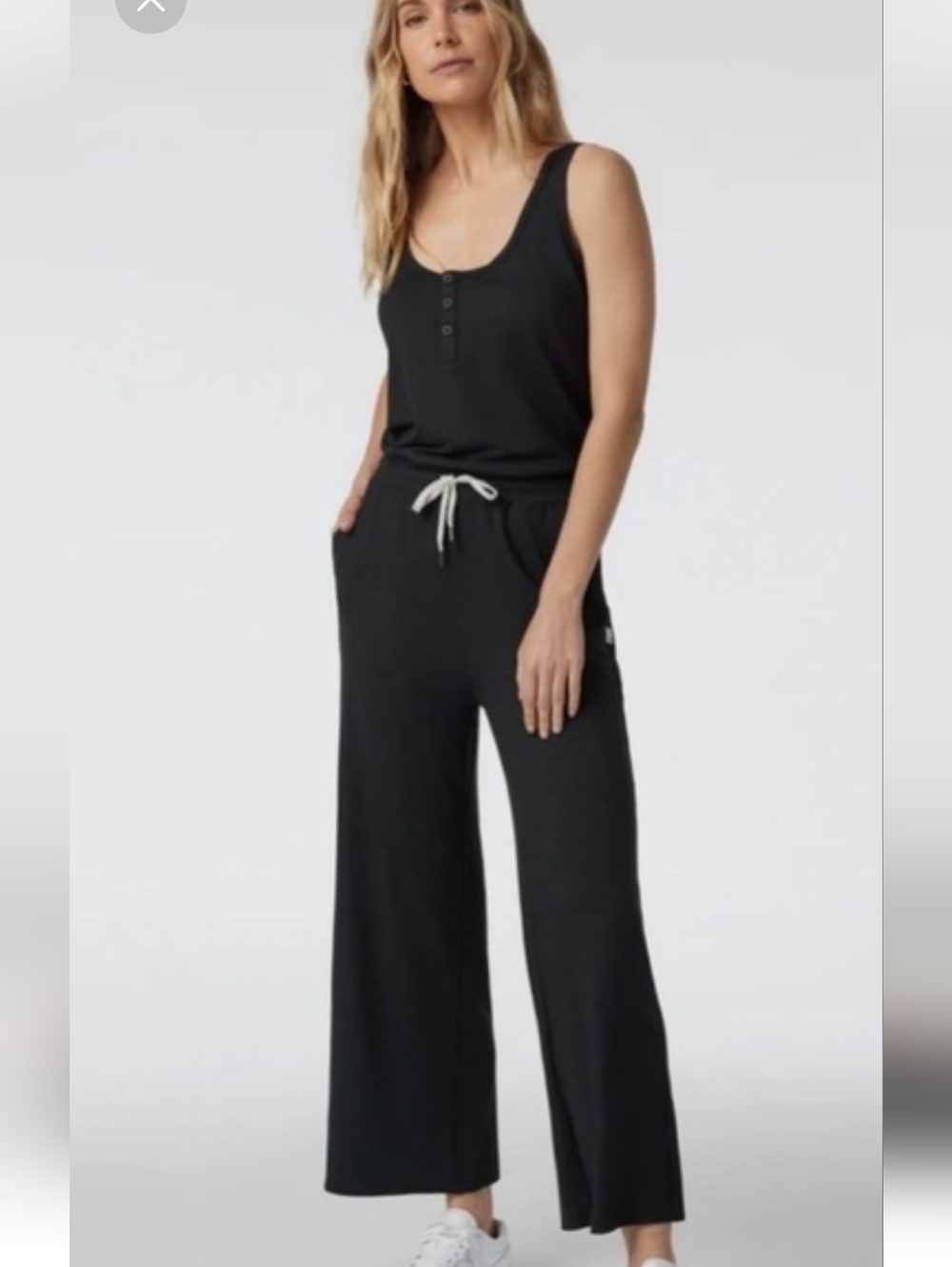 Vuori Navy Blue Wide-Leg Lounge Jumpsuit with Contrast Drawstring